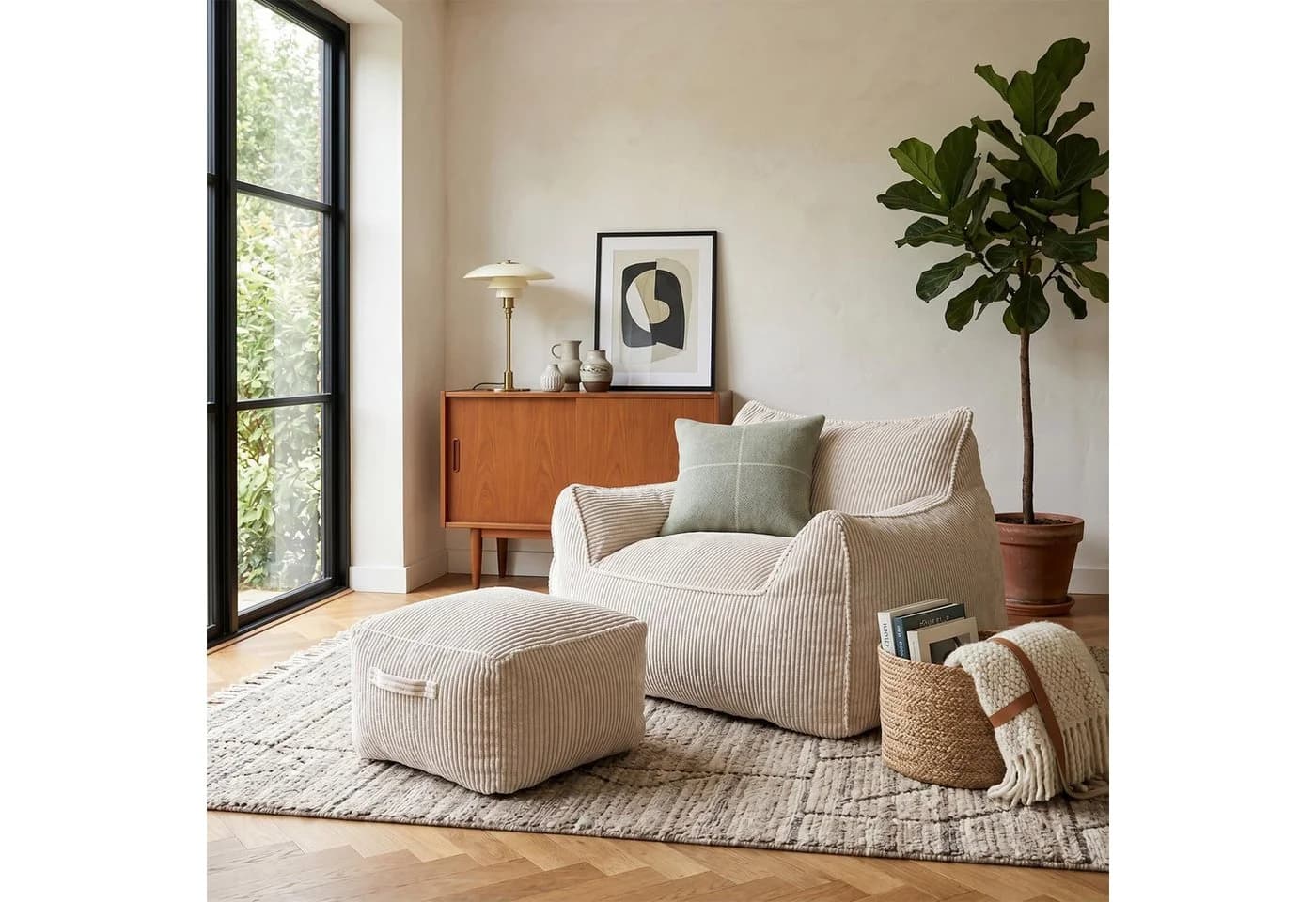 FUFU&GAGA Bodensofa 117 cm Cord Grau-Weiß mit Fußhocker