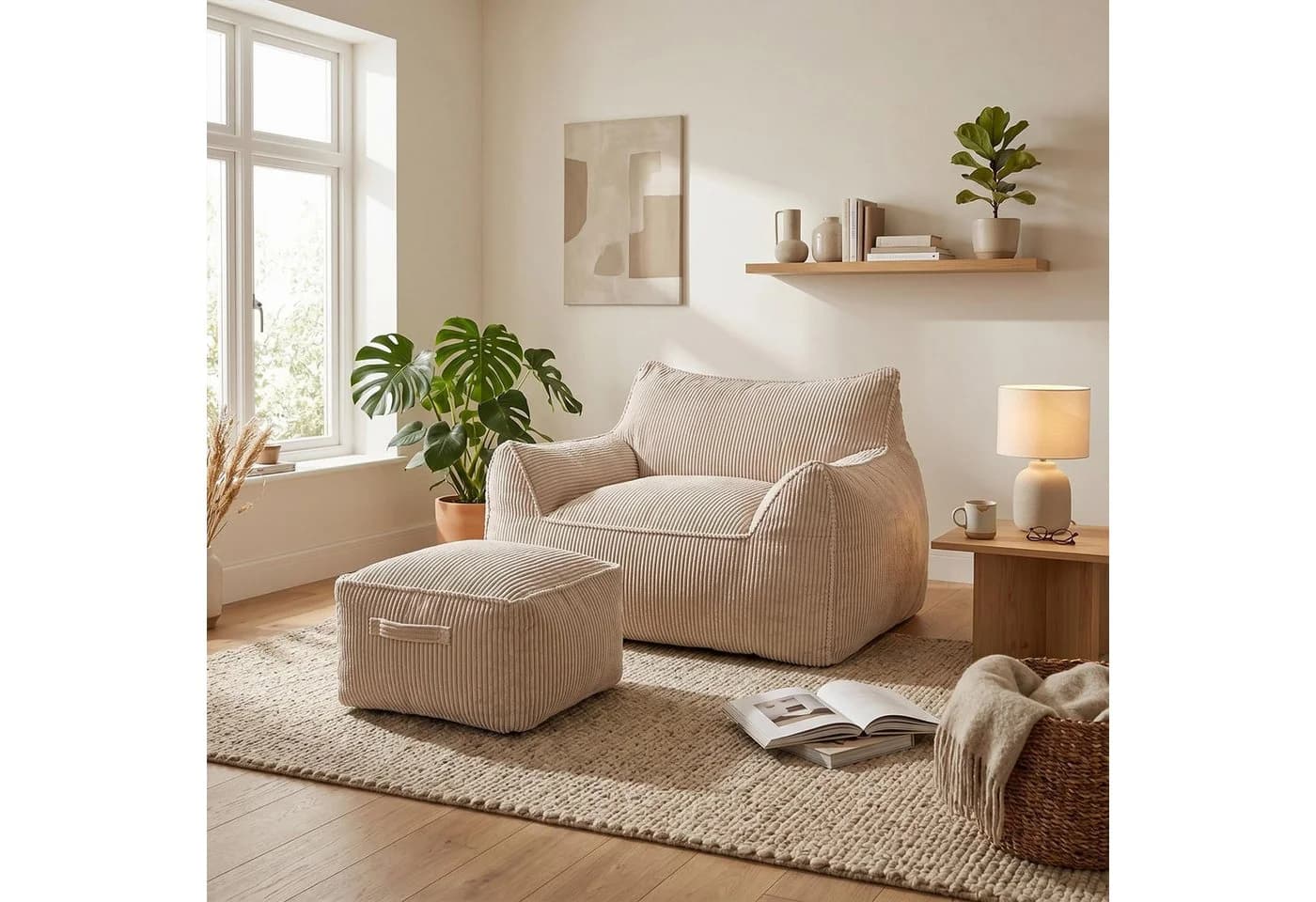 FUFU&GAGA Bodensofa 117 cm Cord Grau-Weiß mit Fußhocker - Bild 2