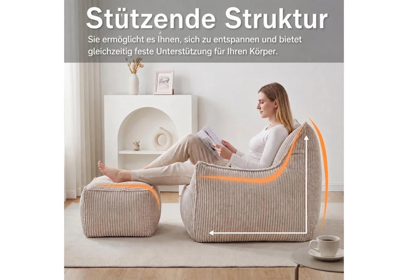 FUFU&GAGA Bodensofa 117 cm Cord Grau-Weiß mit Fußhocker - Bild 4