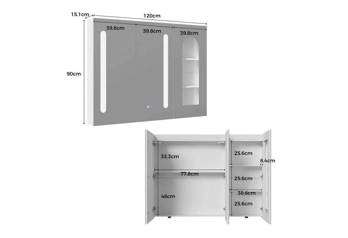 FUFU&GAGA Badezimmerspiegelschrank 120cm LED Touch 3 Türen Weiß - Bild 4