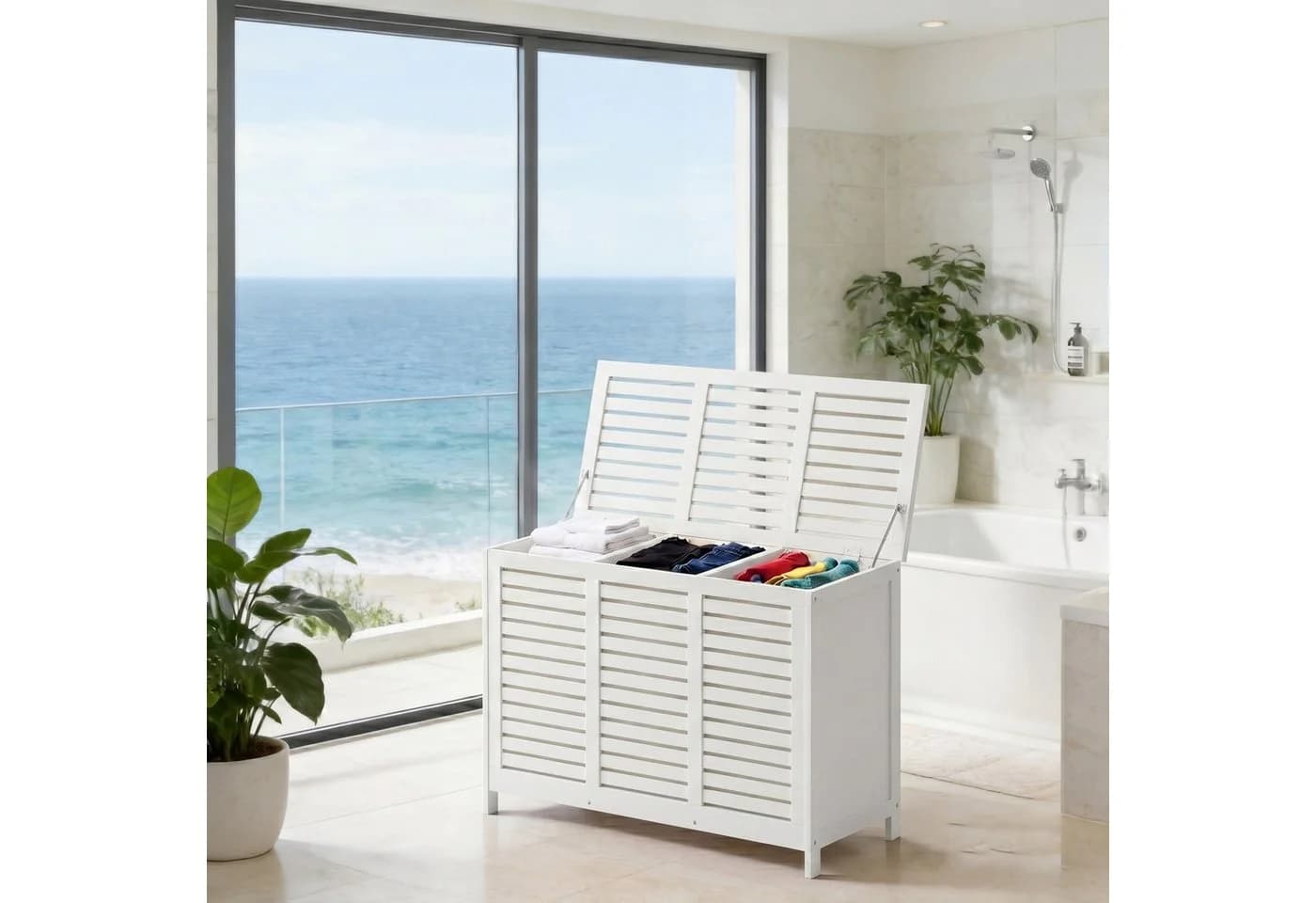 AdelDream Wäschekorb 150L 3 Fächer Bambus Weiß/Schwarz