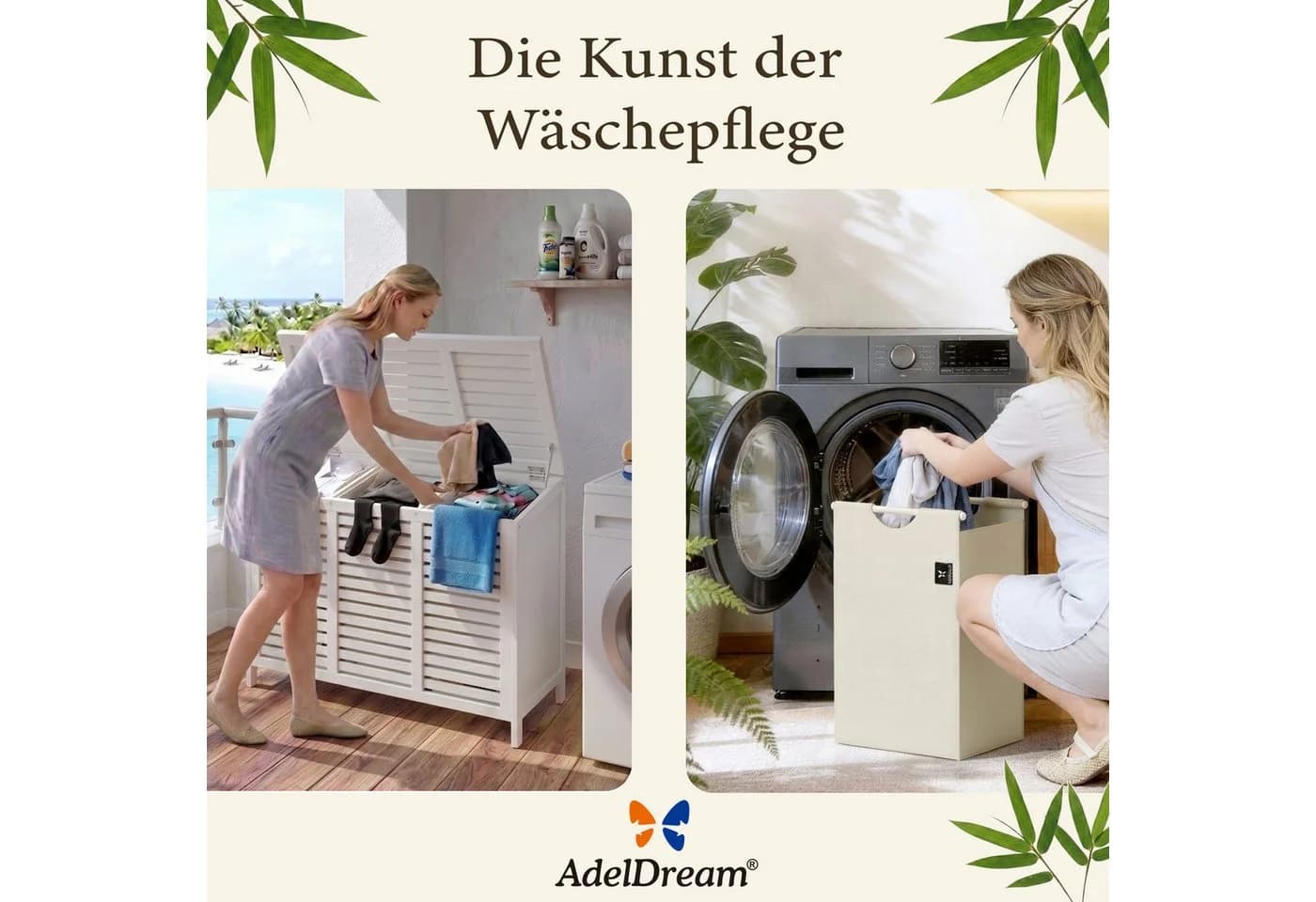 AdelDream Wäschekorb 150L 3 Fächer Bambus Weiß/Schwarz - Bild 5