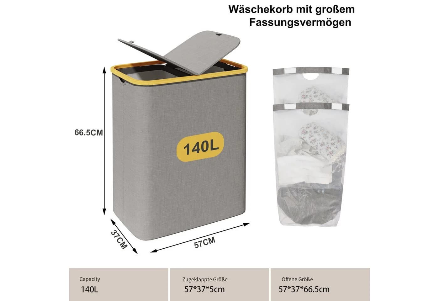 AdelDream Wäschekorb mit Deckel Grau 140L/160L mit Trennsäcken