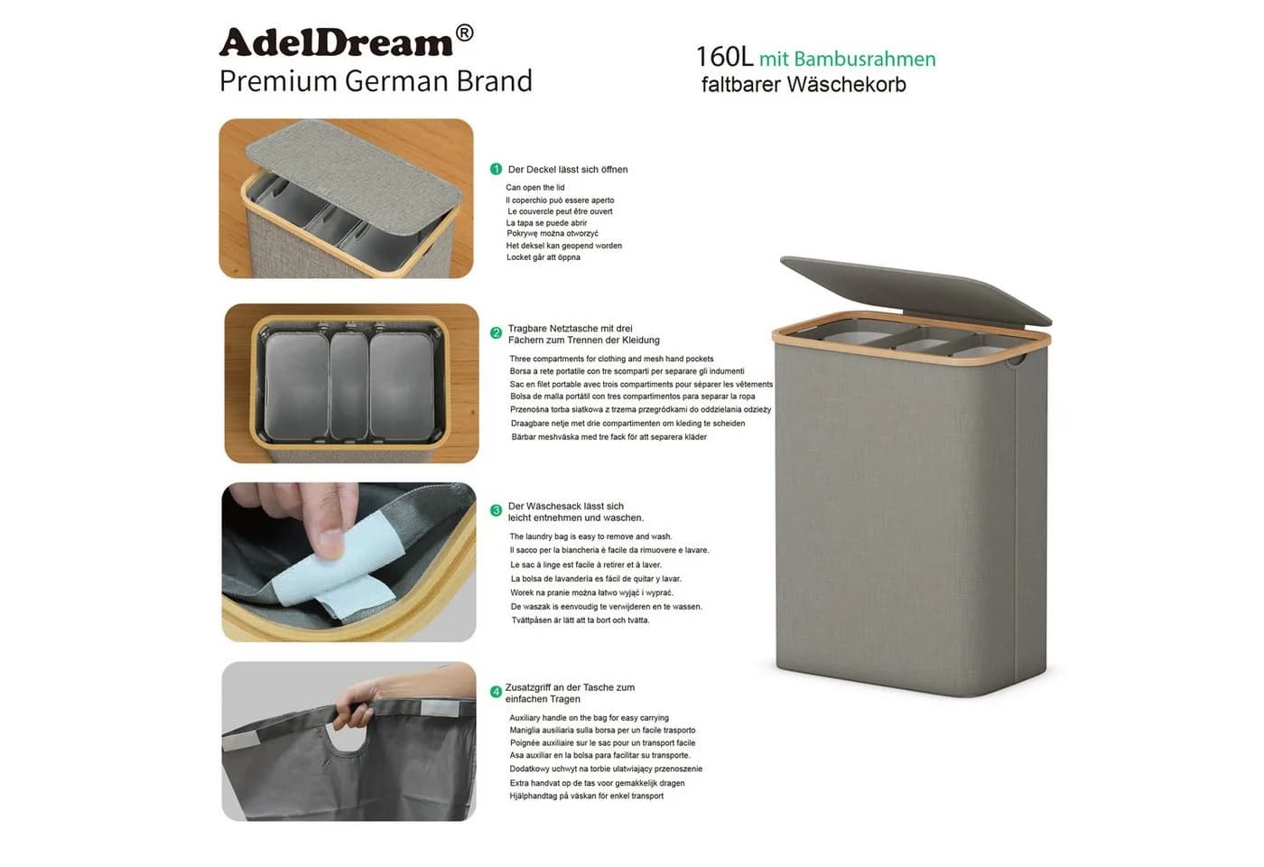 AdelDream Wäschekorb mit Deckel Grau 140L/160L mit 3 Wäschesäcken - Bild 4