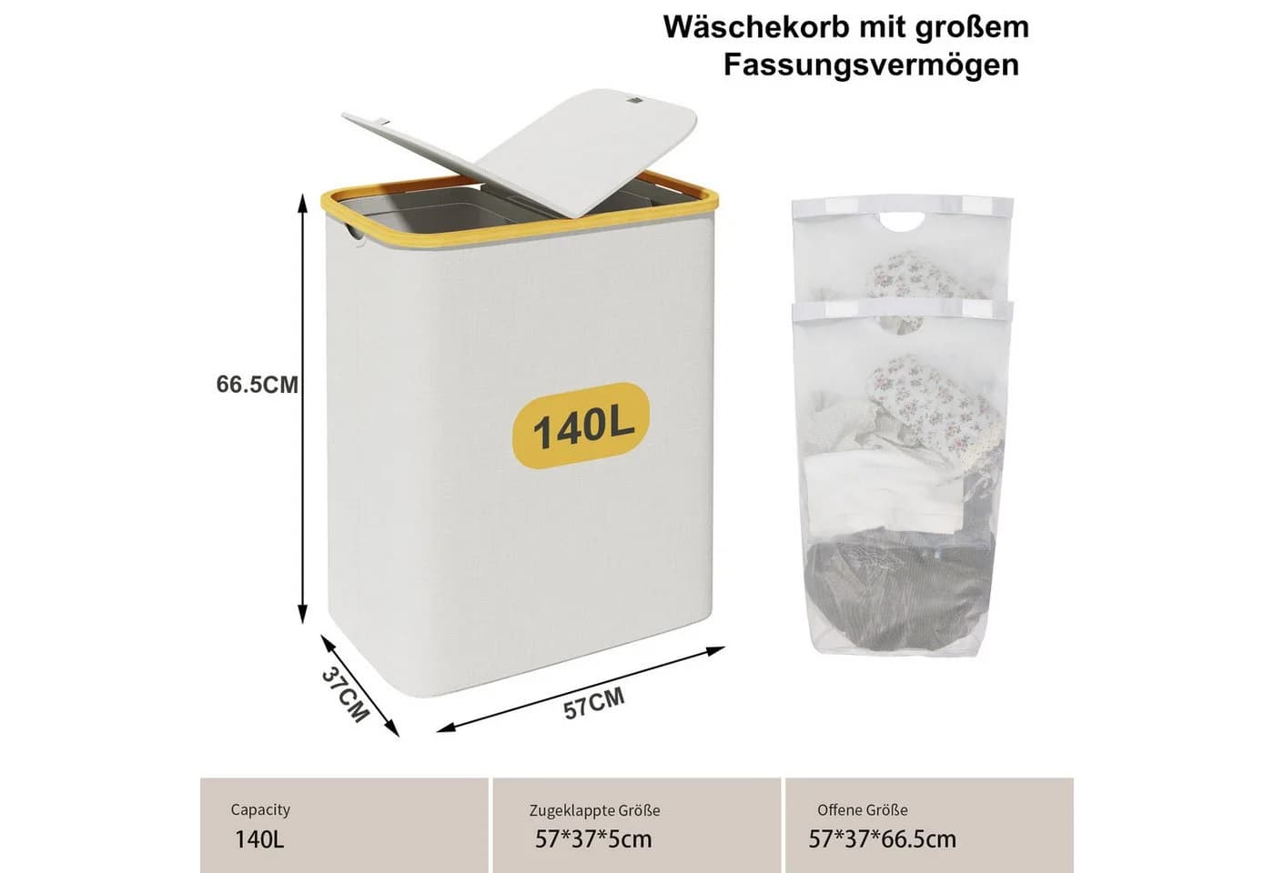 AdelDream Wäschekorb mit Deckel 140L/160L Beige Bambus