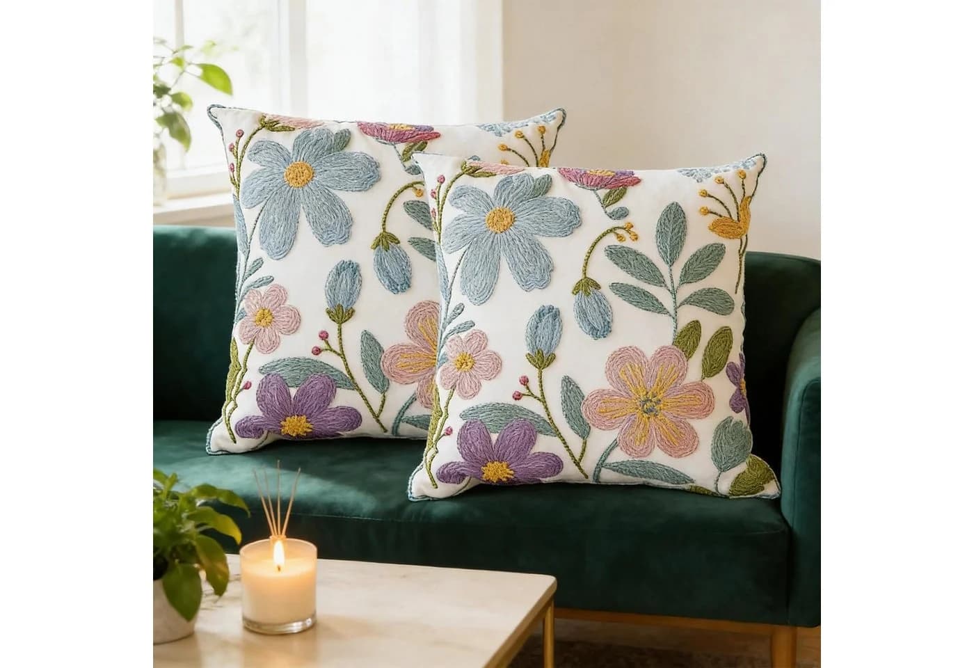 FOUORTUNATE-BEE Kissenbezüge 45x45 cm 2er Set Blumenstickerei
