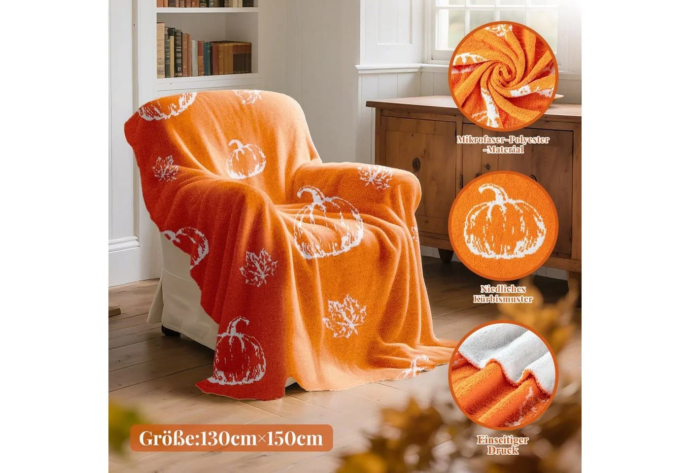 FOUORTUNATE-BEE Wohndecke Herbst Kürbisse Orange/Weiß Mikrofaser