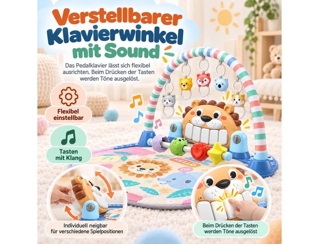 Luckice Spielbogen mit Tretklavier, Greifringen und Lichteffekten