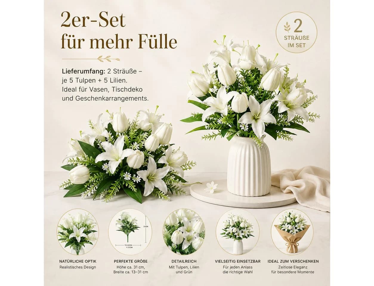 Luckice Kunstblumenstrauß 2er Set Weiß 45 cm Lilien & Tulpen - Bild 4