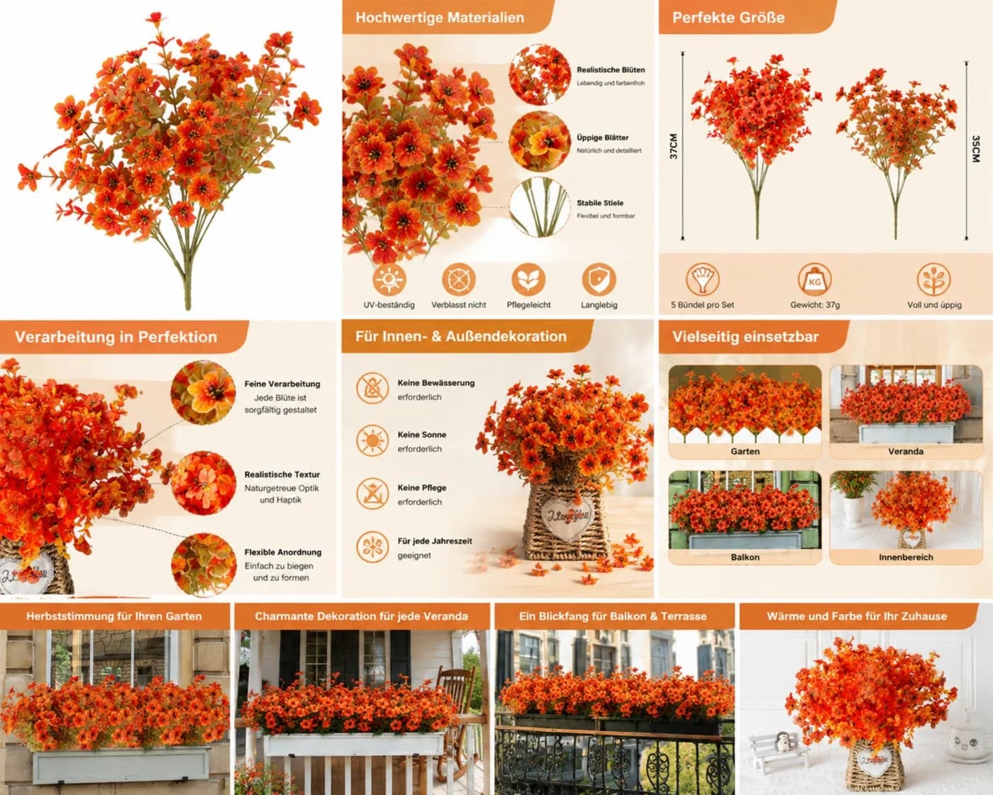 Luckice Kunstblumenstrauß 5er Set Orange Eukalyptus - Bild 4