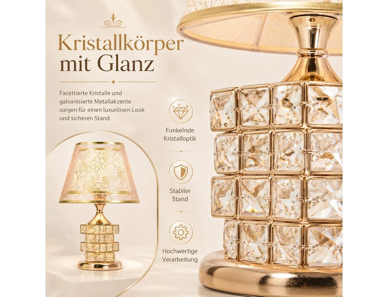 Fyrove LED Nachttischlampe Kristall Gold E27 inkl. 5W LED - Bild 4