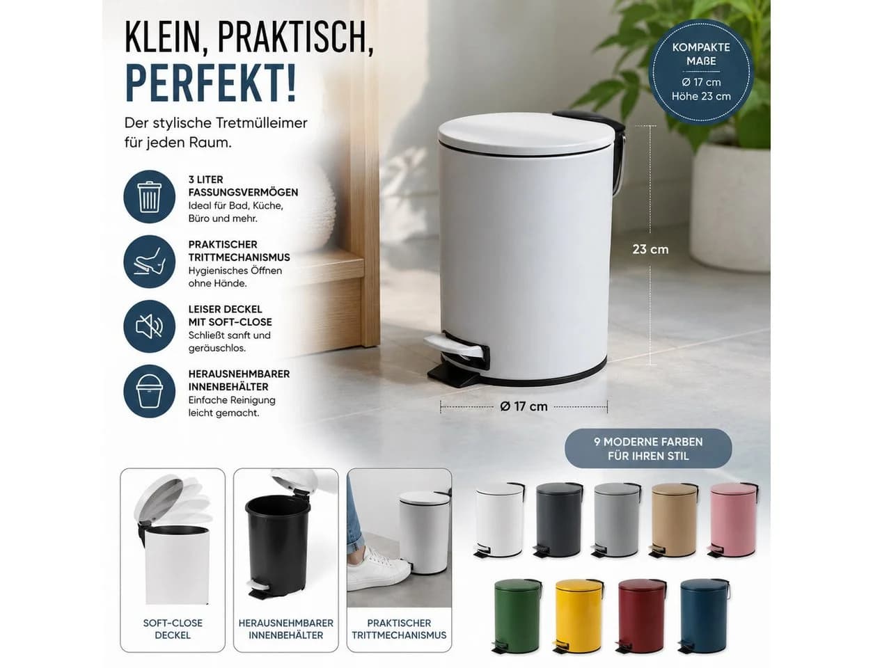 Urban Living Tretmülleimer 3 Liter mit Absenkautomatik und Pedalbedienung - Bild 4