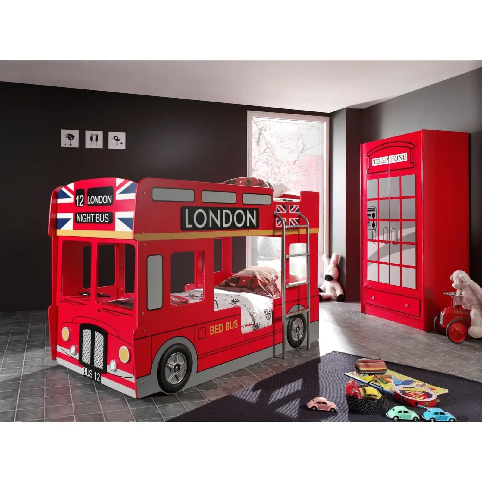 VIPACK Etagenbett London Bus Design Rot mit LED-Beleuchtung
