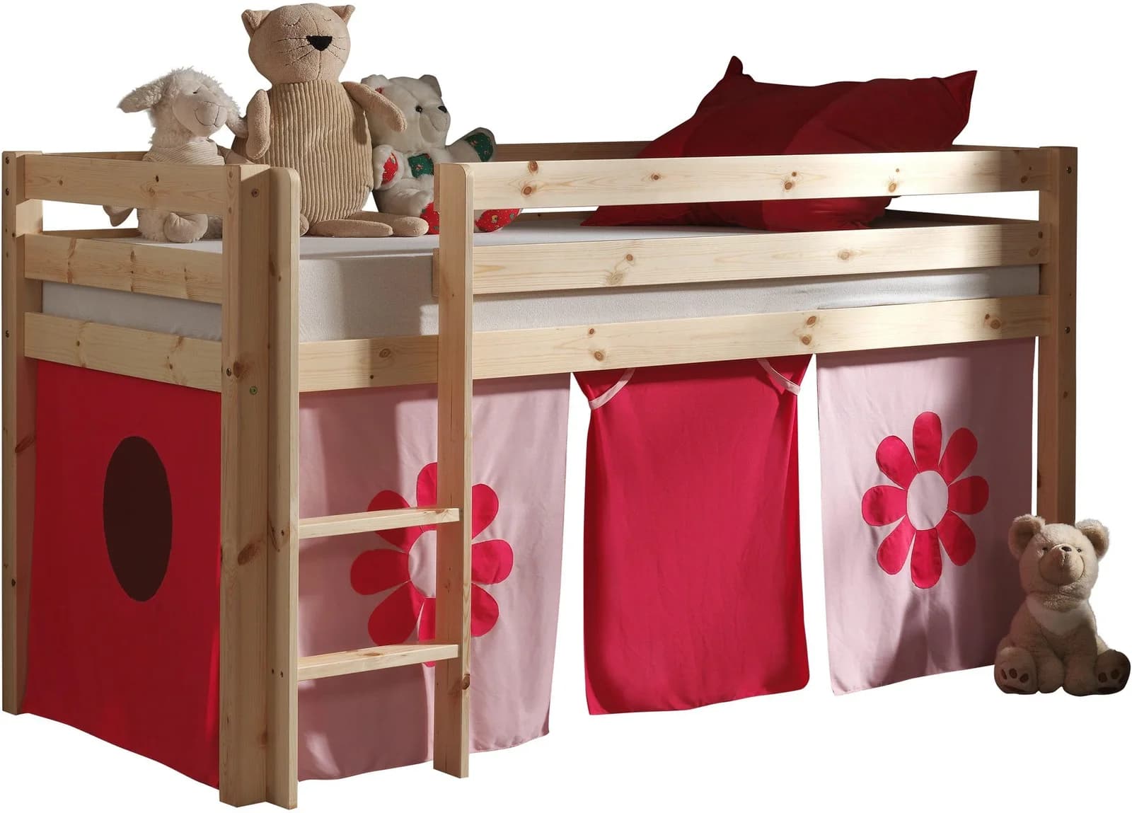VIPACK Hochbett Pino mit Vorhang Rosa Kiefer Massivholz