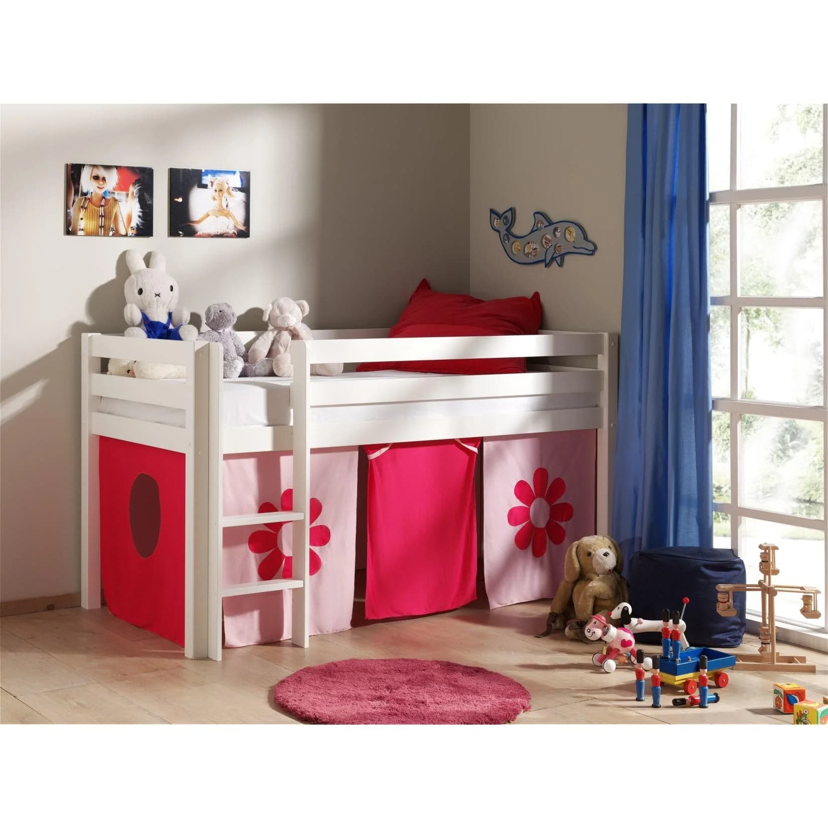 VIPACK Hochbett Pino Weiß Lackiert Pink Flower mit Vorhang