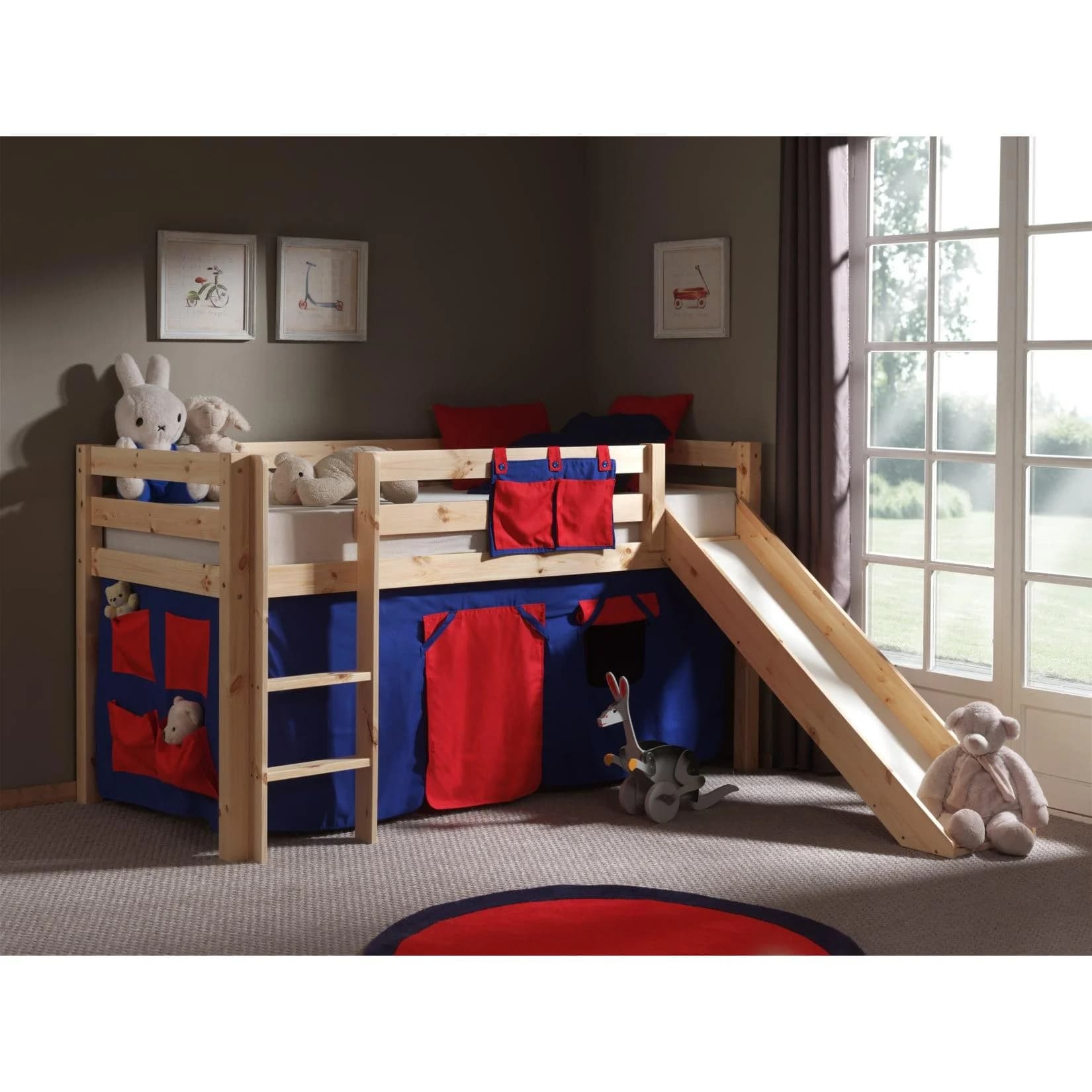Vipack Spielbett Pino mit Rutsche und Textilset Domino Kiefer massiv