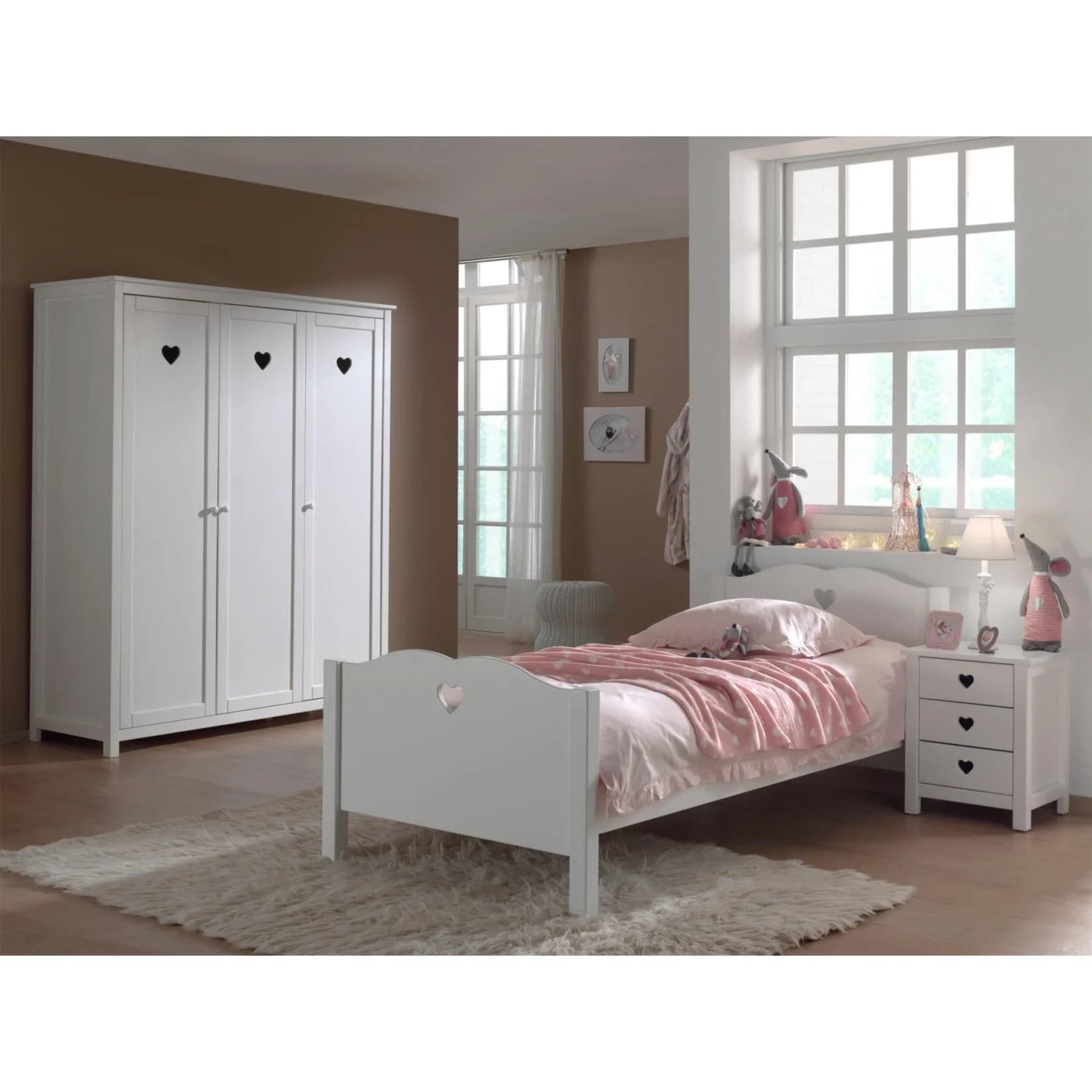 Vipack Set Amori Einzelbett mit Nachtkonsole und 3-türigem Kleiderschrank Weiß