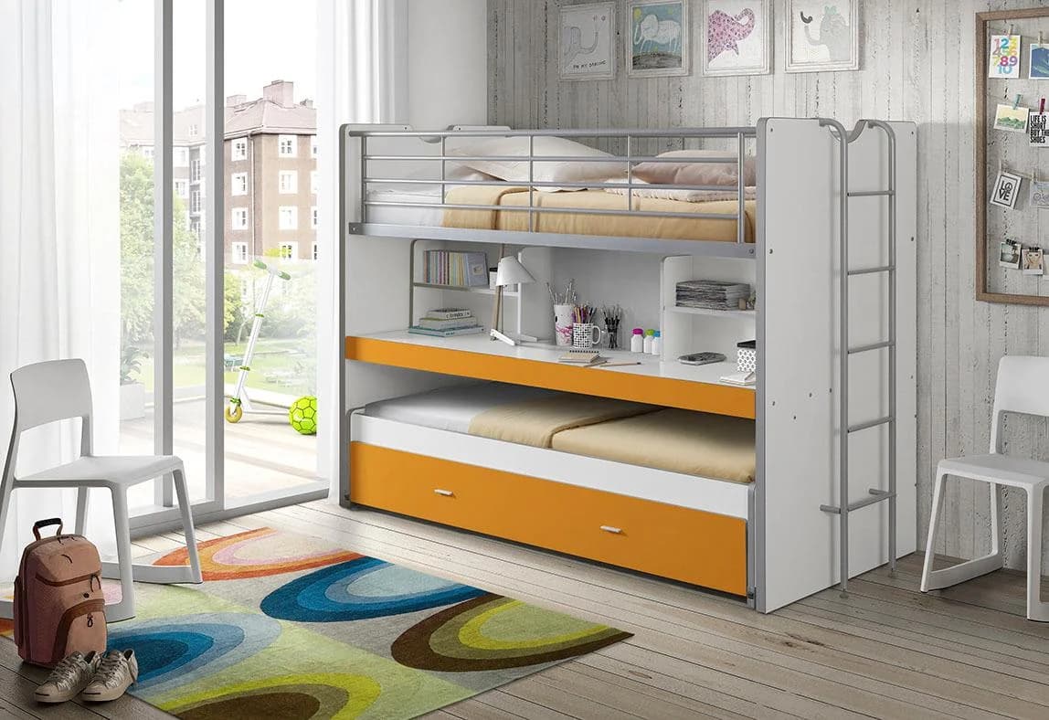 VIPACK Hochbett Bonny 3 Liegeflächen Weiß/Orange mit Schreibtisch