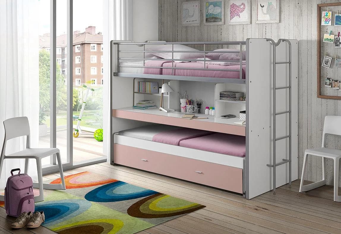VIPACK Hochbett Bonny 3 Schlafgelegenheiten Rosa Weiß
