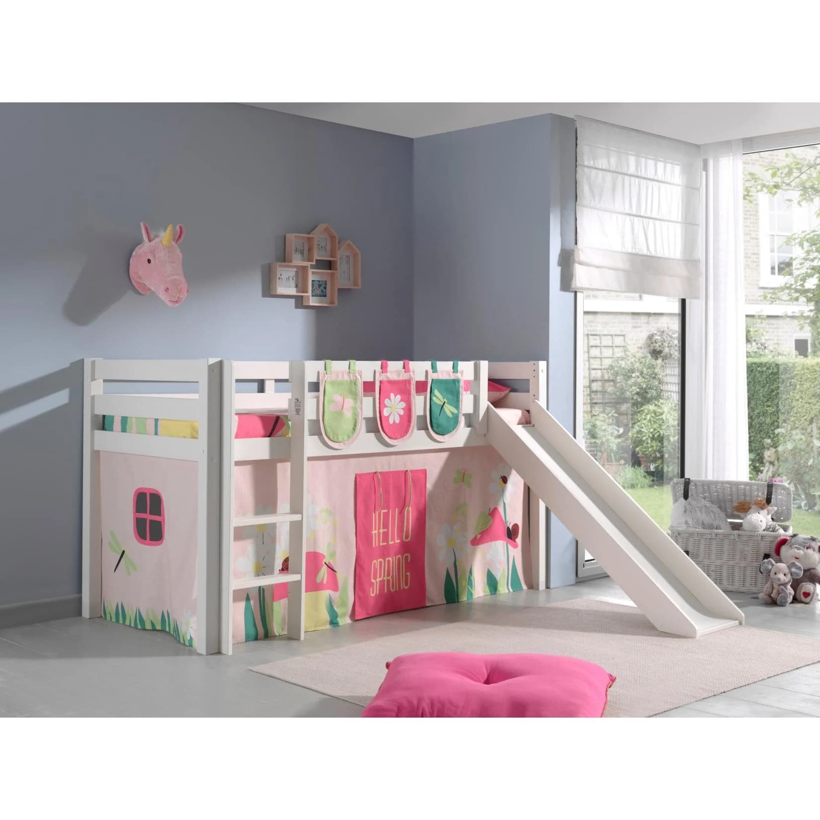 Vipack Spielbett Pino mit Rutsche Weiß Kiefer massiv Vorhang