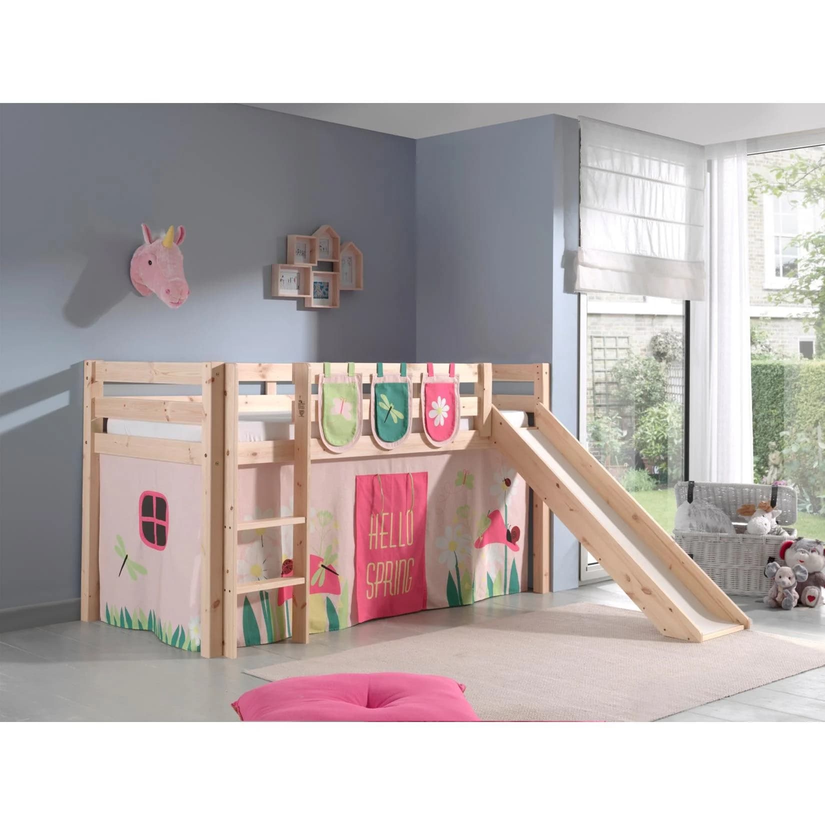 Vipack Spielbett Pino mit Rutsche, Kiefer massiv natur, Vorhang Spring