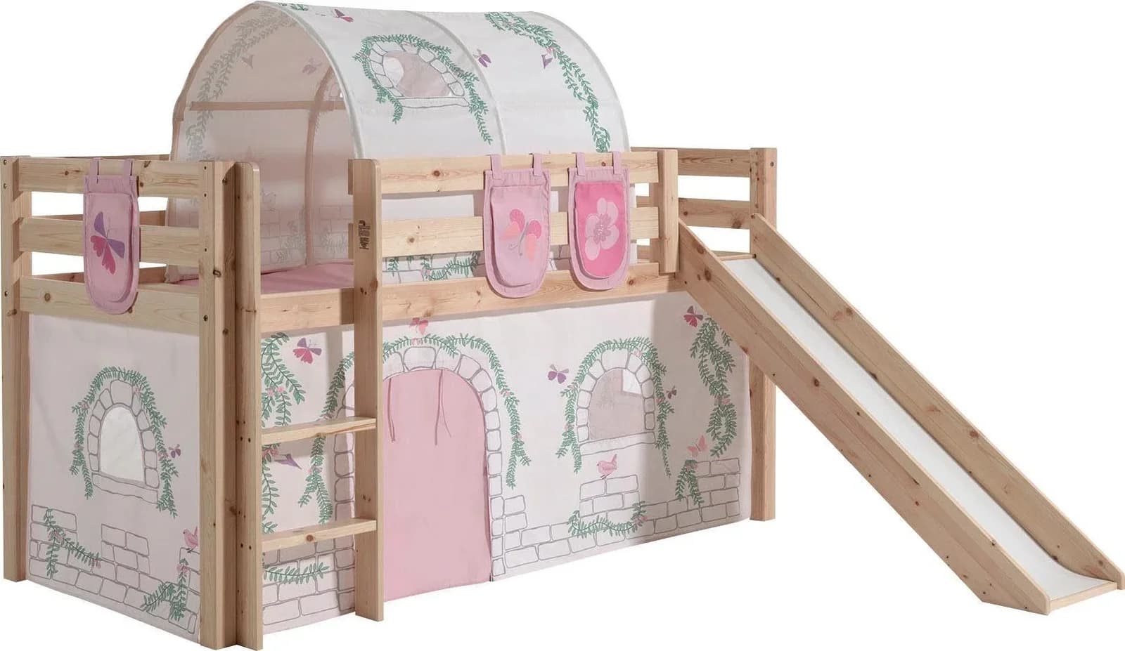 VIPACK Hochbett Pino Kiefer Massivholz mit Tunnel und Textil-Set