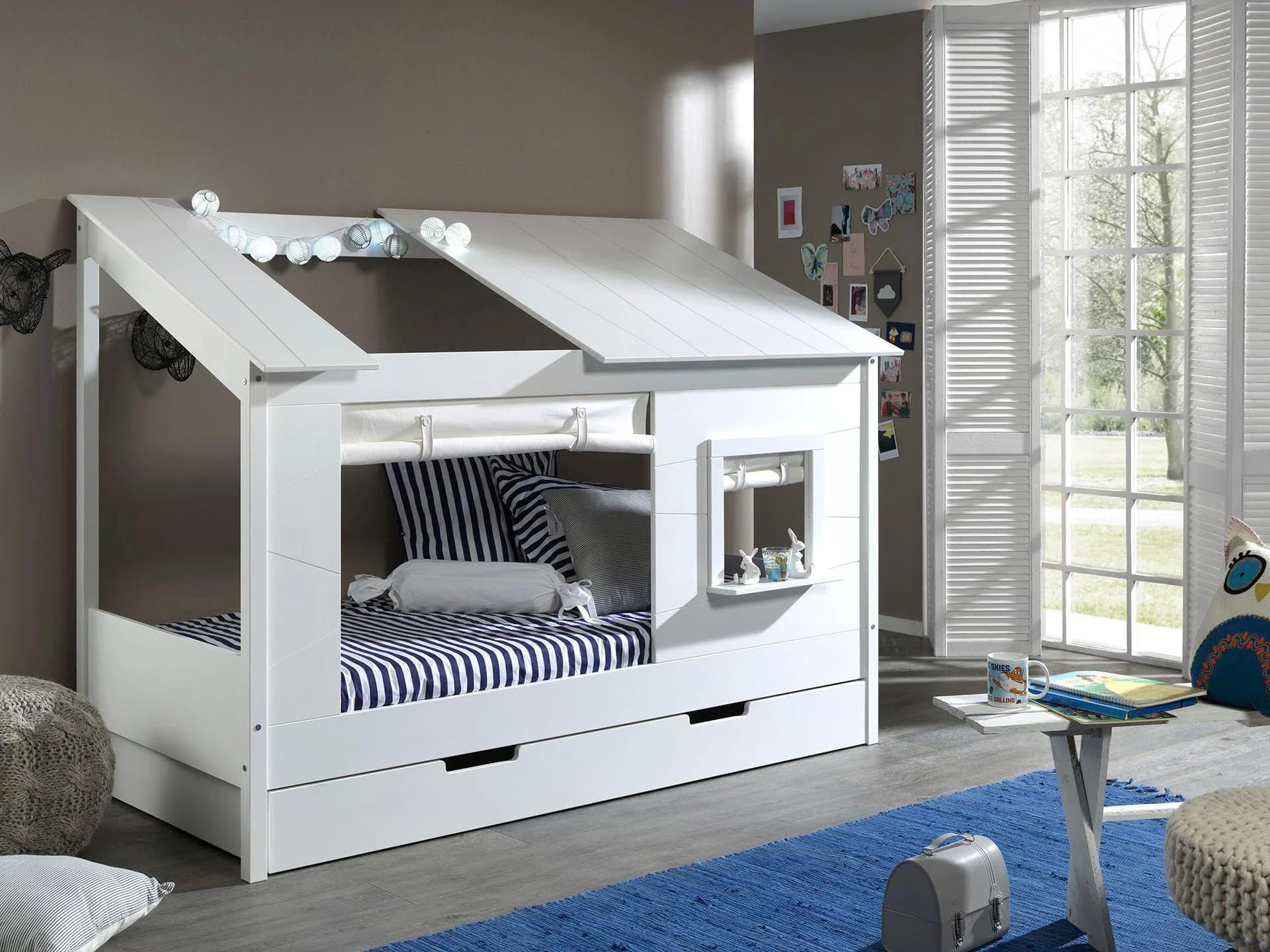 VIPACK Hausbett Weiß mit Vorhang-Set und Bettschublade