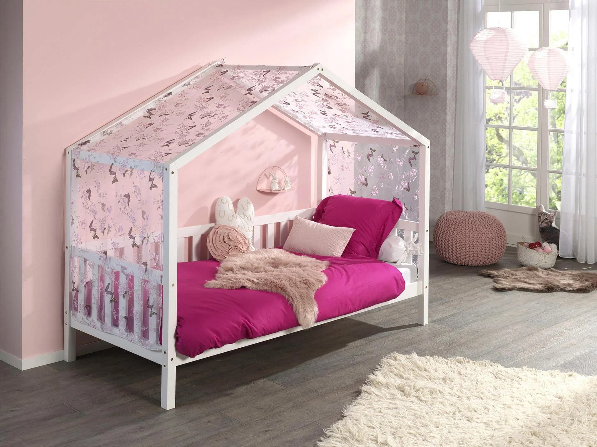 VIPACK Hausbett Dallas mit Dachaufbau Weiß Kiefer massiv