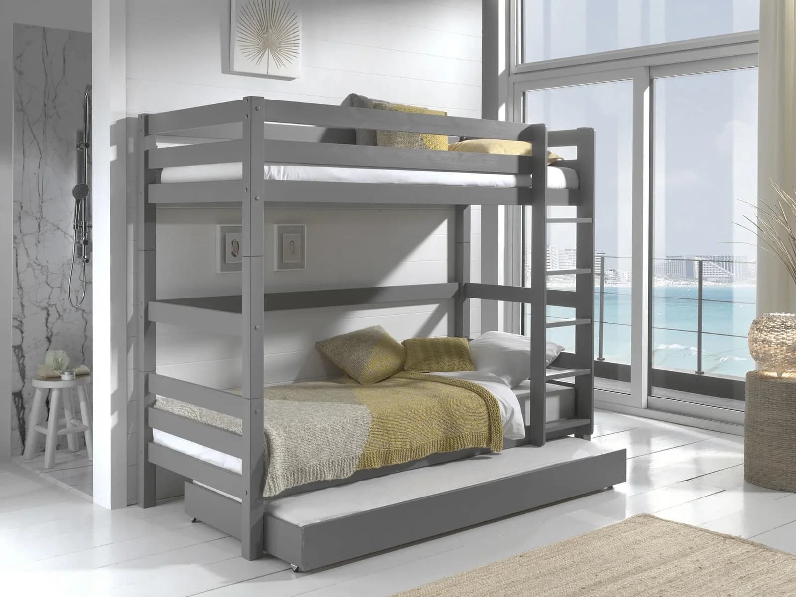 VIPACK Etagenbett Pino Grau Massivholz mit Schublade