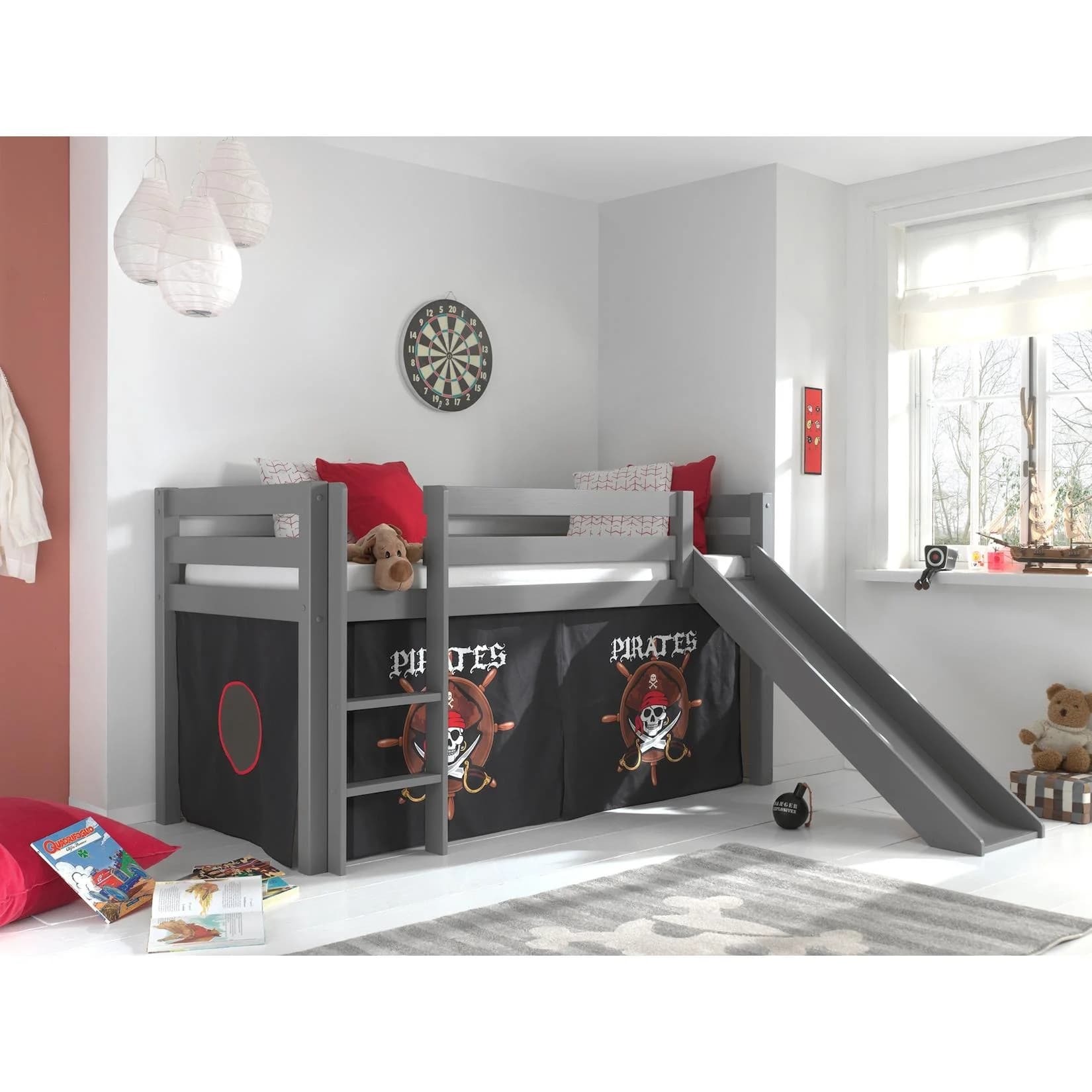 VIPACK Hochbett Pino Grau mit Rutsche und Textilset