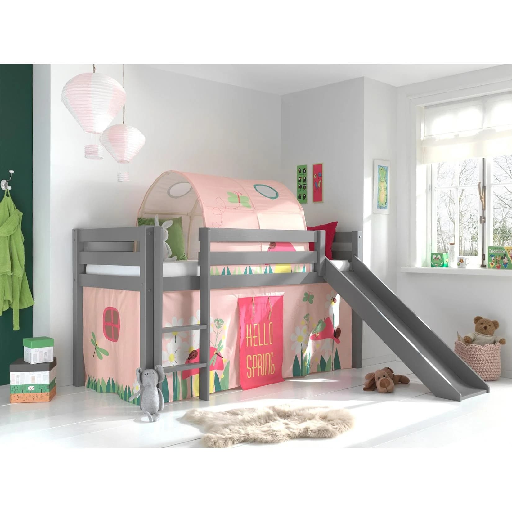 Vipack Spielbett Pino Grau mit Rutsche, Vorhang und Tunnel