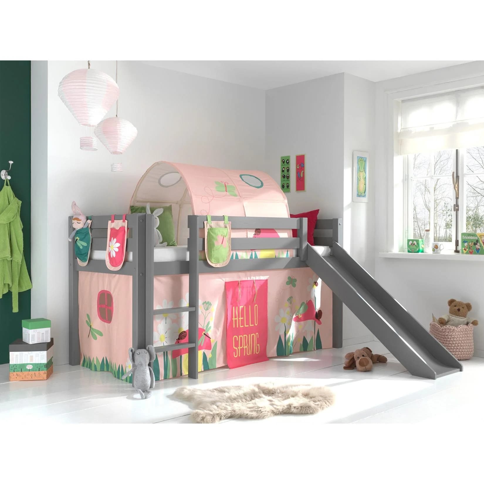 Vipack Spielbett Pino Grau mit Rutsche und Textilset