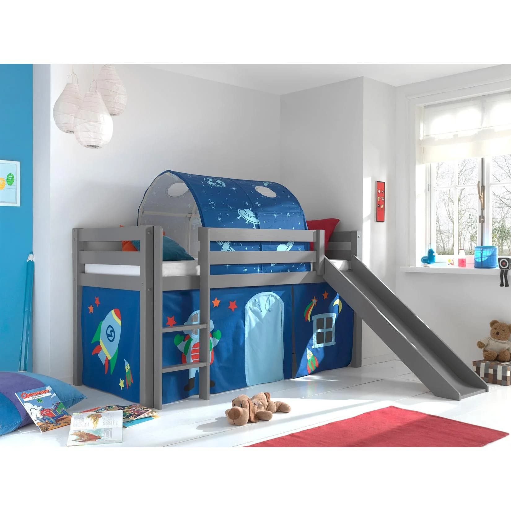 Vipack Spielbett Pino Grau mit Rutsche & Textilset