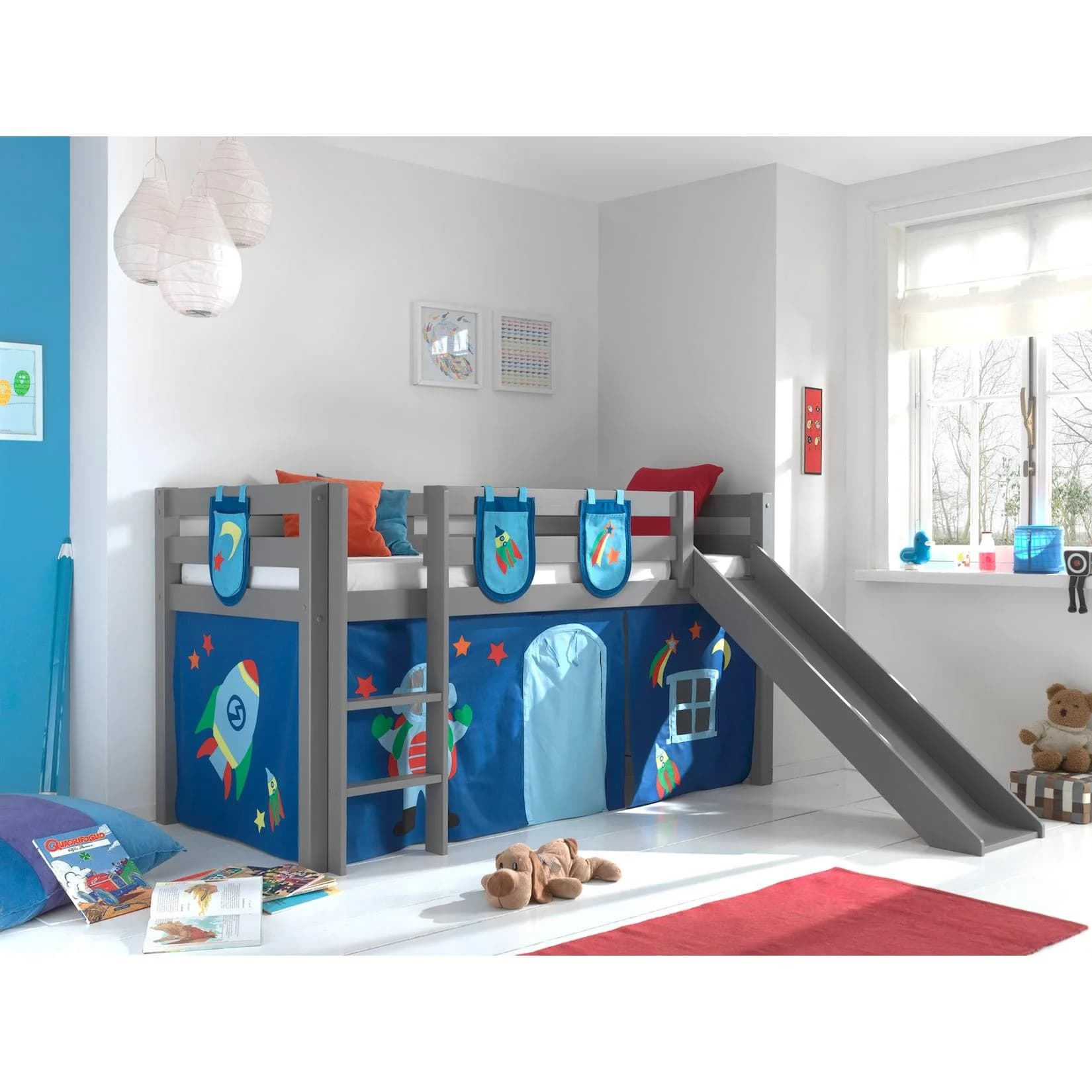 Vipack Spielbett Pino Grau mit Rutsche und Textilset