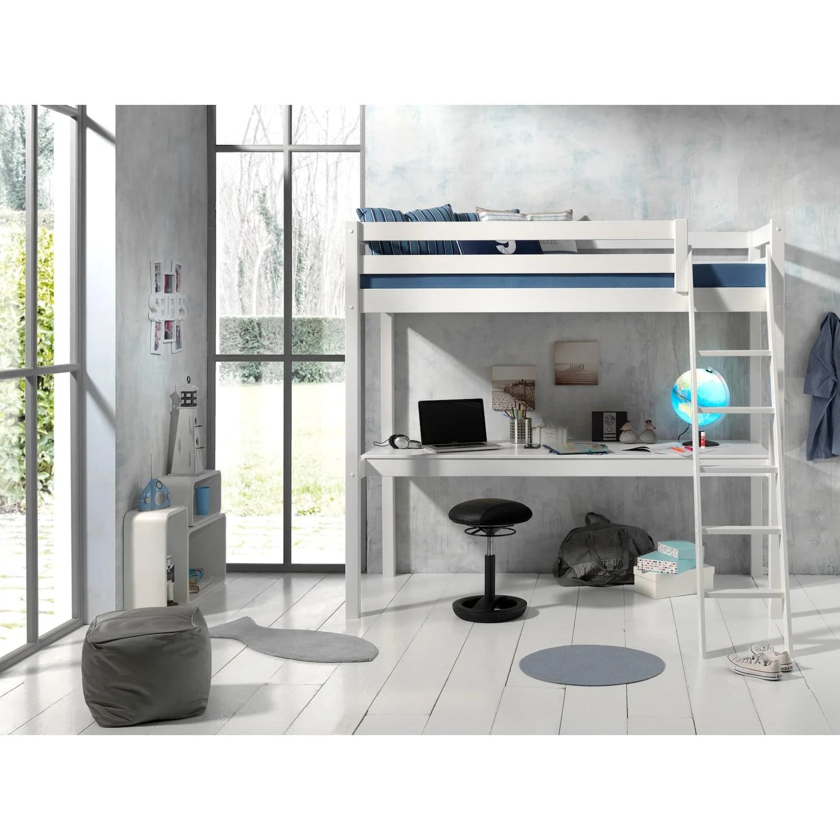 VIPACK Hochbett Pino Weiß Kiefer Massivholz mit Schreibtisch