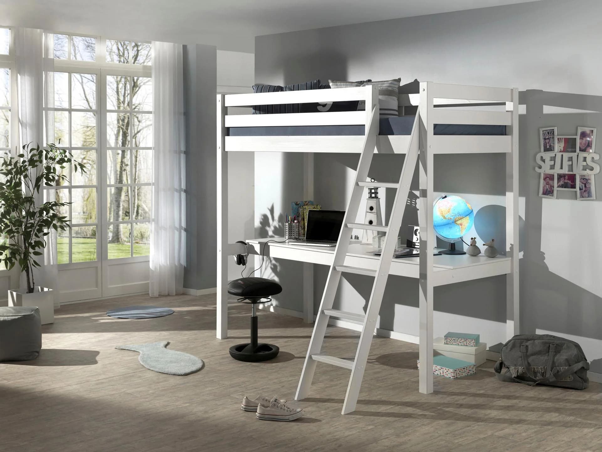 VIPACK Hochbett Pino Weiß Kiefer Massivholz mit Schreibtisch - Bild 3