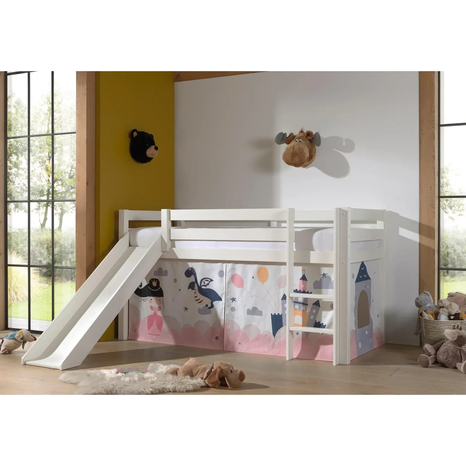 VIPACK Pino Spielbett Kiefer Weiß mit Rutsche und Textilset
