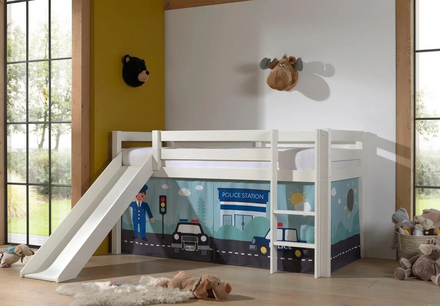 VIPACK Spielbett Pino Kiefer massiv mit Rutsche und Textilset weiß