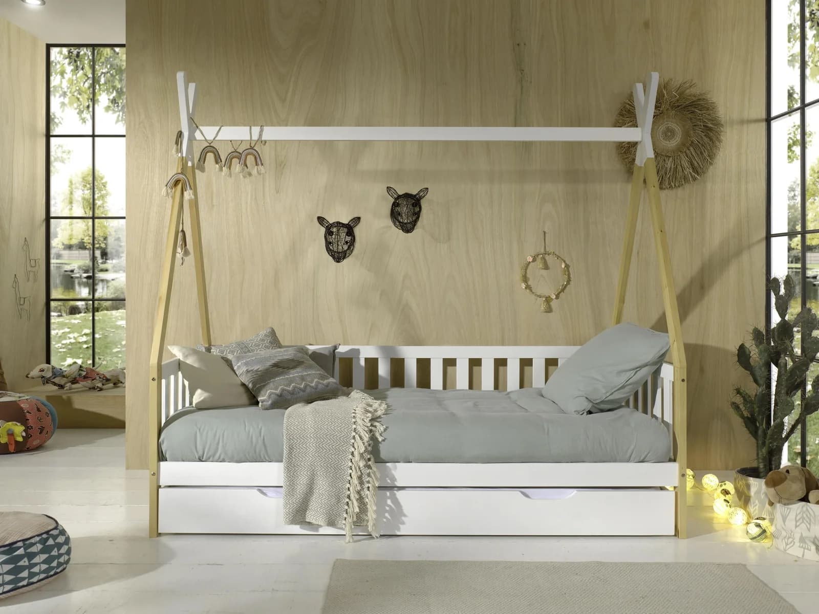 VIPACK Tipi Kinderbett Kiefer massiv weiß natur mit Stauraum