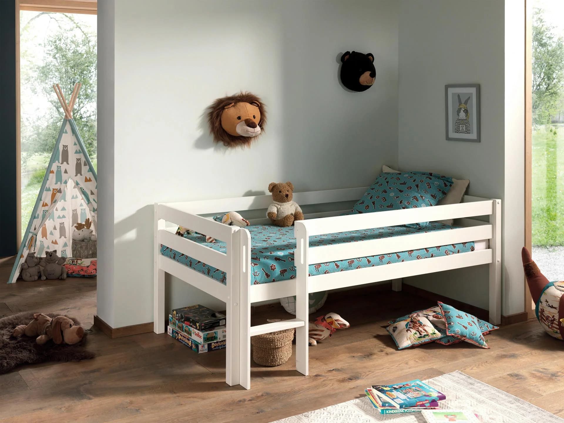 VIPACK Spielbett Pino Massivholz Weiß mit Rollo