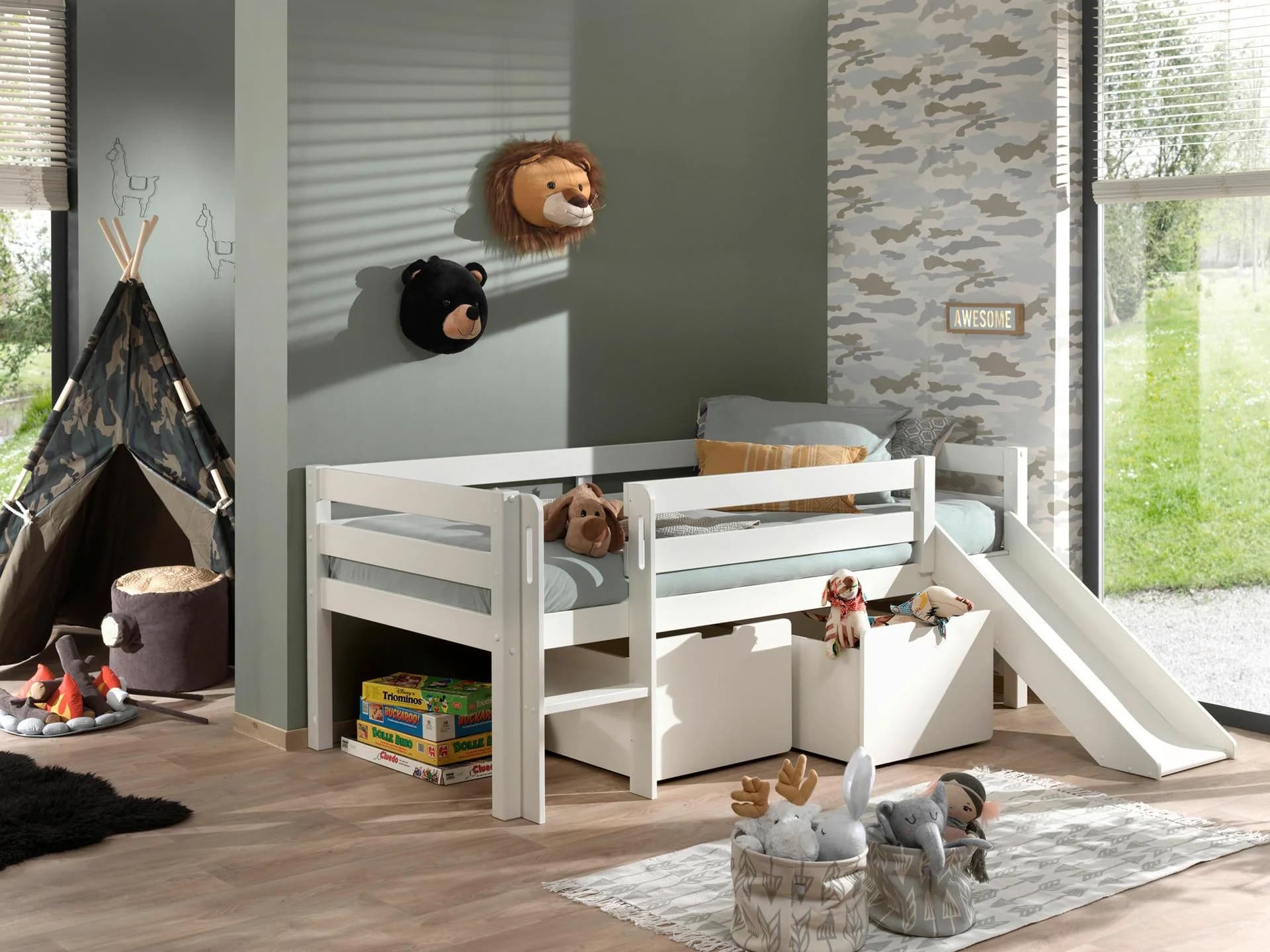 VIPACK Spielbett Pino Kiefer Weiß mit Rutsche und Stauraum