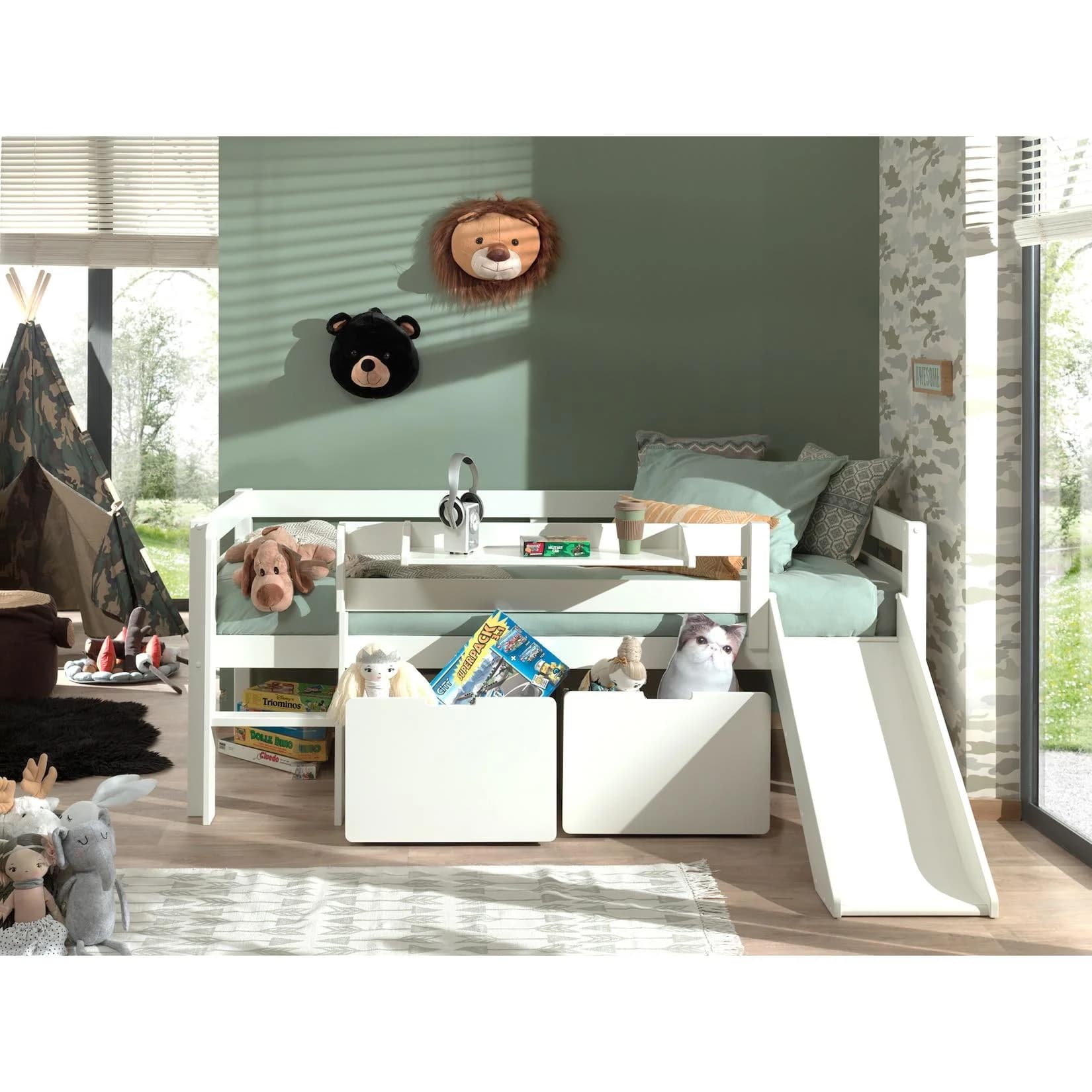 VIPACK Pino Spielbett Kiefer massiv weiß mit Rutsche und Stauraum