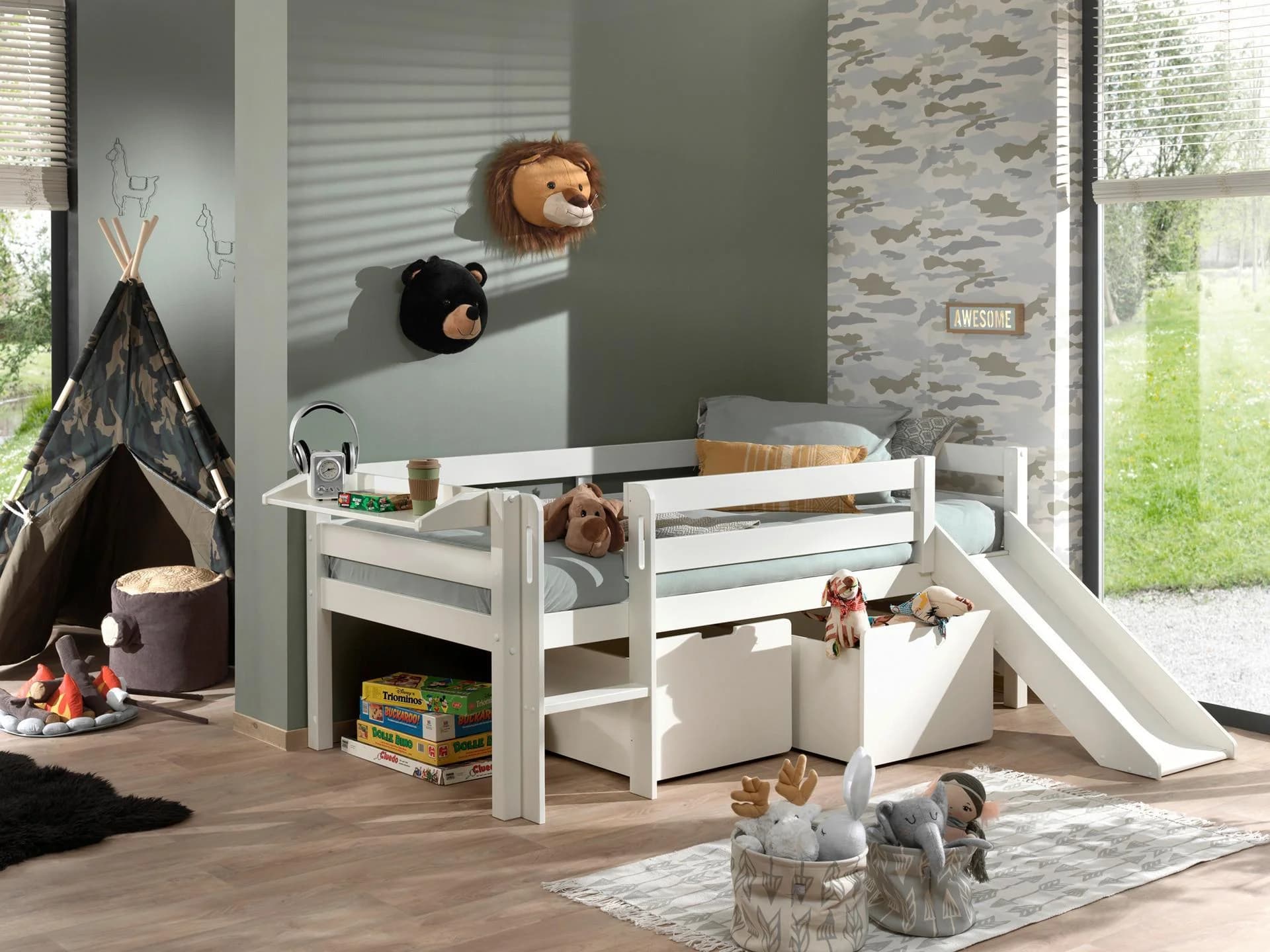 VIPACK Pino Spielbett Kiefer massiv weiß mit Rutsche und Stauraum - Bild 2