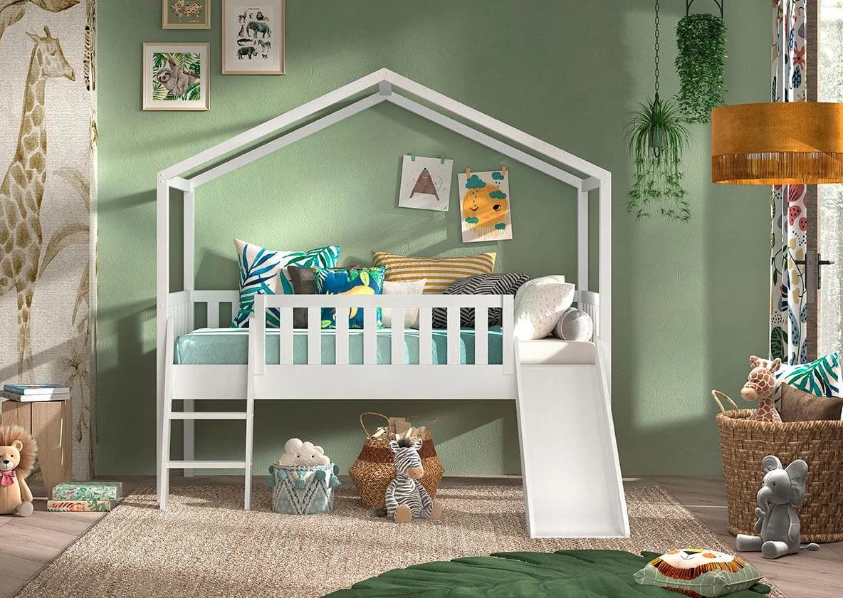VIPACK Hausbett Kiefer Weiß mit Rutsche und Dach - Bild 2