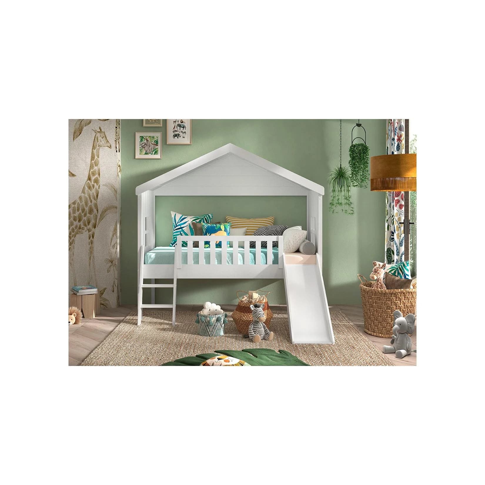 VIPACK Hausbett Kiefer Weiß mit Leiter und Rutsche
