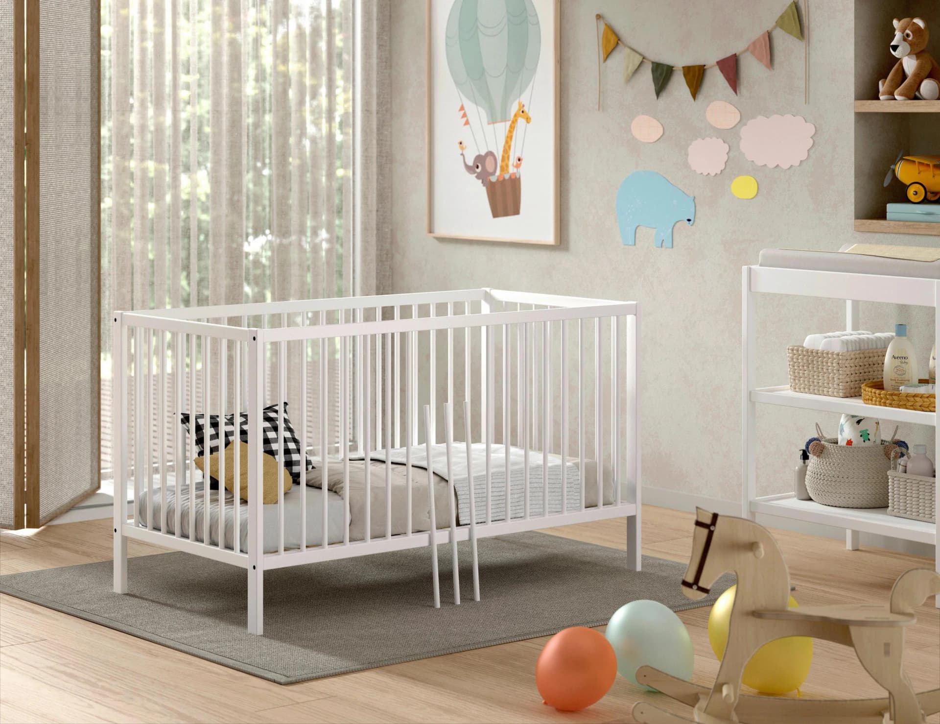VIPACK Babybett Dino Weiß Massivholz Umbaubar