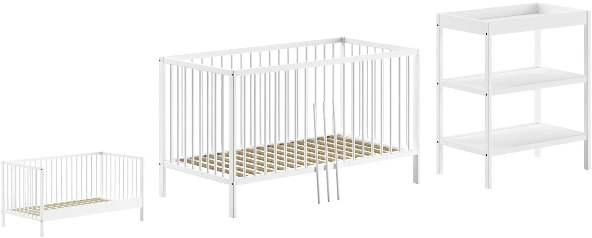VIPACK Baby-/Juniorbett Set mit Wickelregal Weiß Massivholz