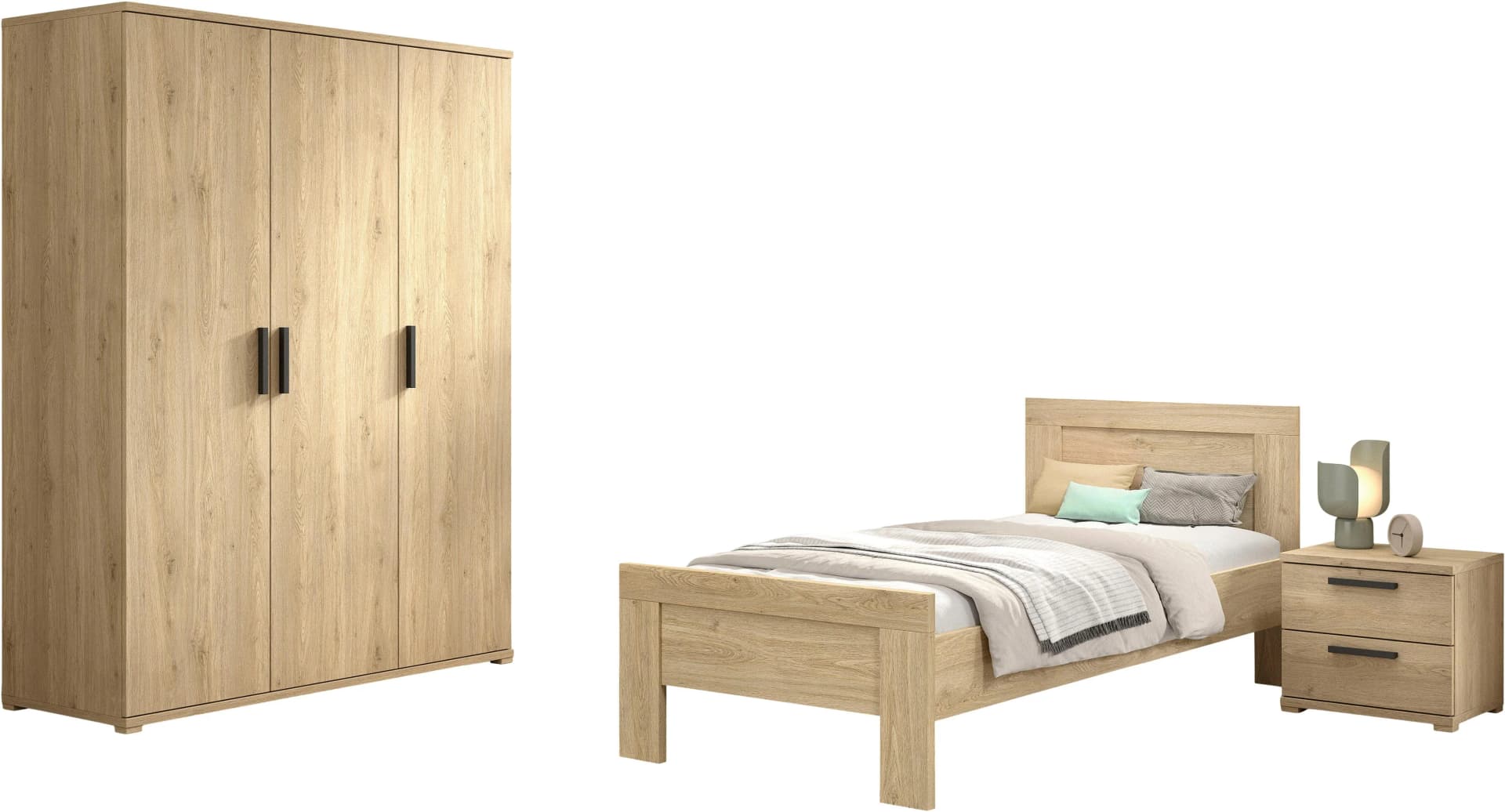 Jugendzimmer-Set VIPACK SAM Bett, Nachtkonsole, Kleiderschrank Eiche Dekor