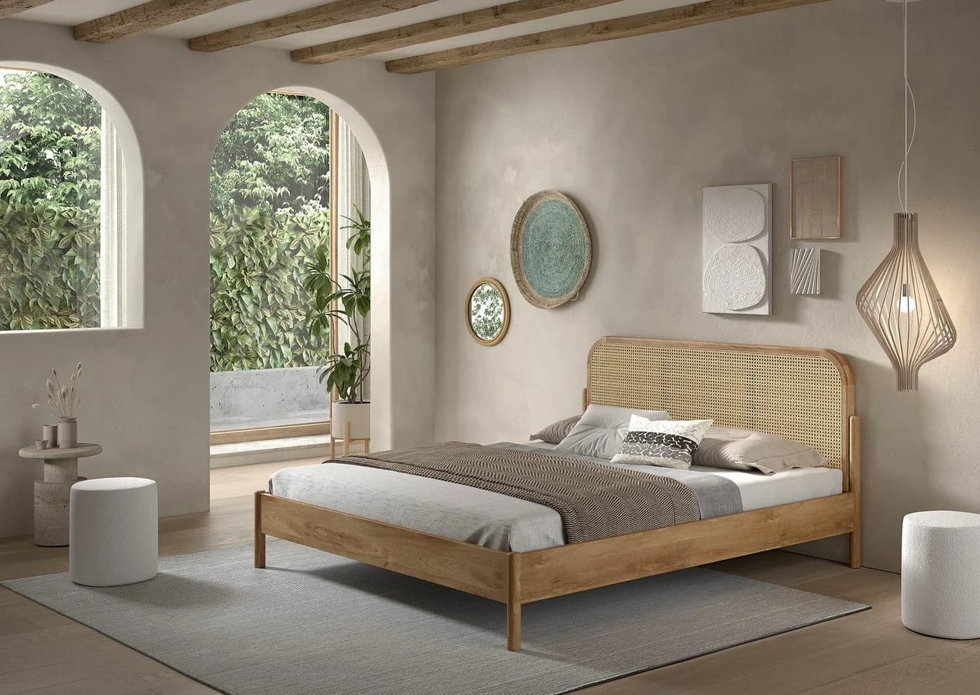 HOME AFFAIRE Bettgestell Olive Eiche massiv mit Rattan-Kopfteil