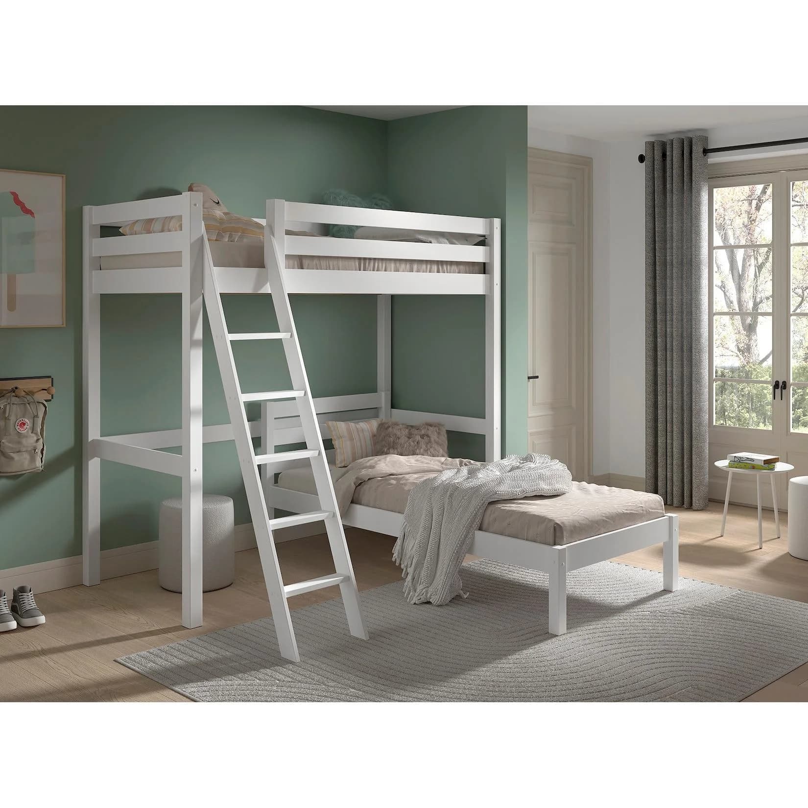 VIPACK Hochbett mit 2 Liegeflächen Kiefer massiv weiß lackiert